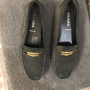 Prada Womens Dark Green Suede Loafers with Gold Accent